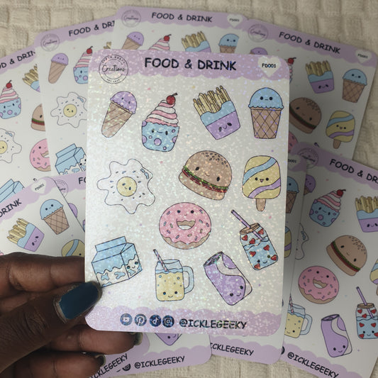 Cute Kawaii Holographic Dots Food & Drink A6 Sticker Sheet