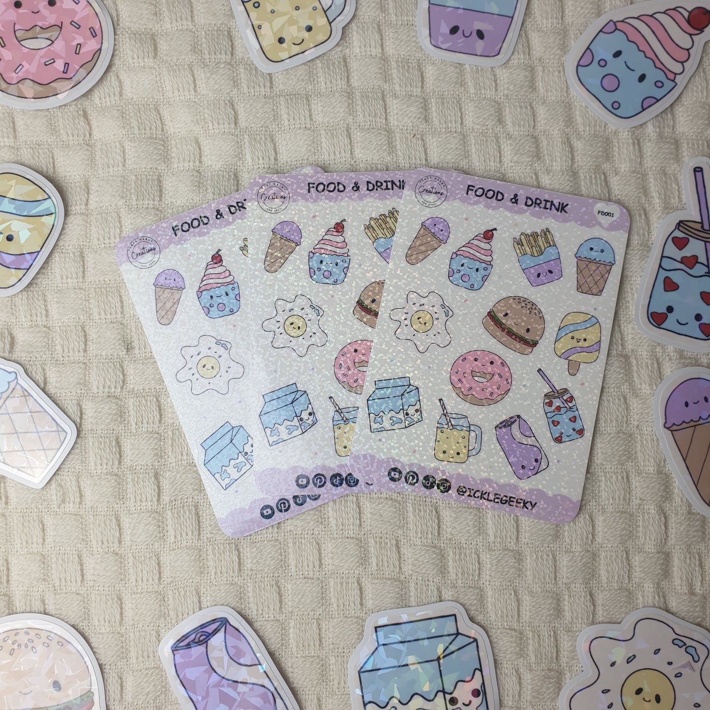 Cute Kawaii Holographic Dots Food & Drink A6 Sticker Sheet